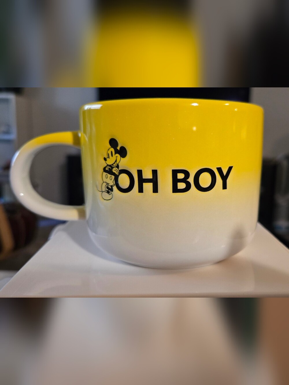 Disney Mickey Mouse OH BOY ceramic mug 15 oz yellow while
